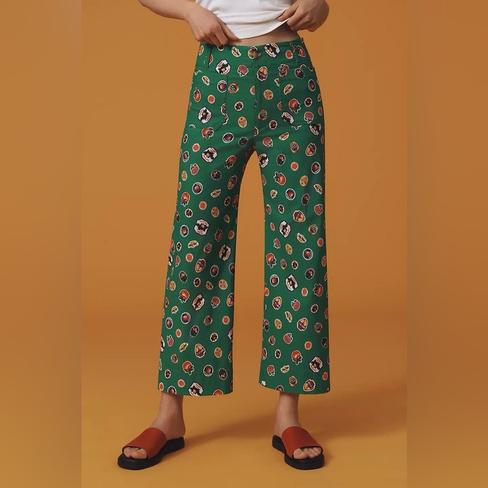Maeve The Colette Magic Fabric‎ Crop Wide Leg Pants Green Fruit Print NWT
